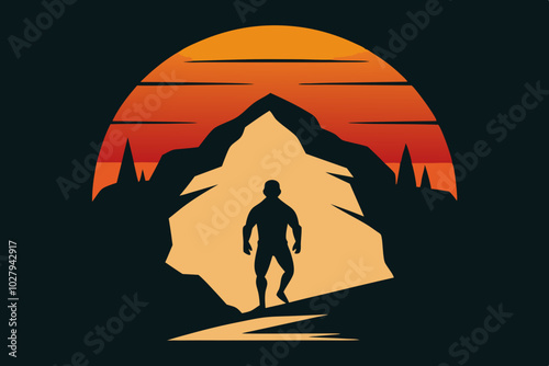 Cave Exploration Silhouette on Retro Vintage Background 