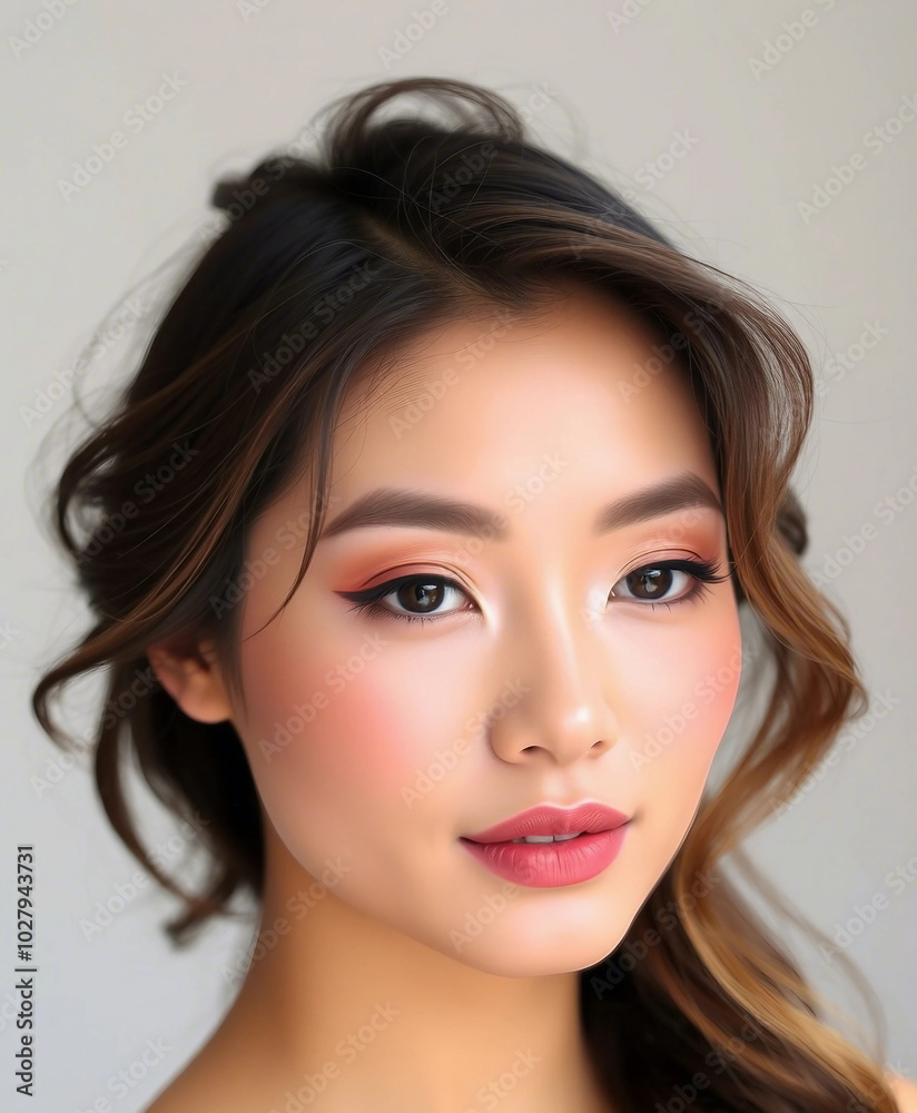 Naklejka premium Close-up of a woman with elegant makeup and soft curls, exuding grace and sophistication. The warm lighting enhances her natural beauty.