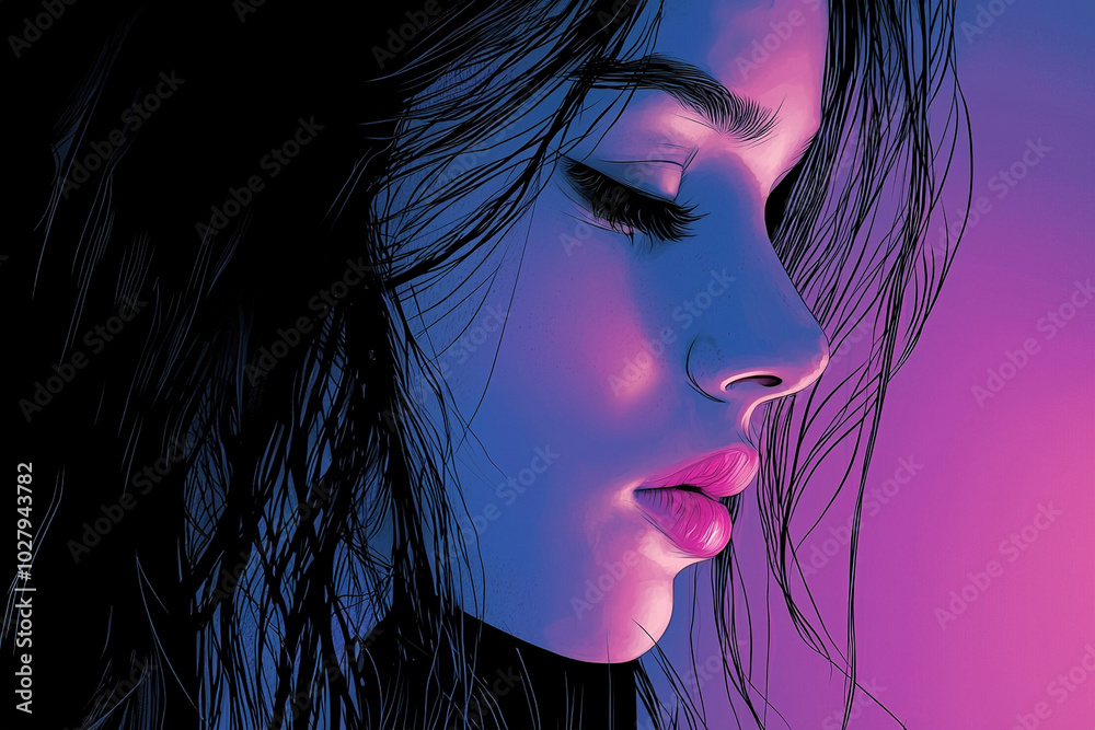 Beautiful woman posing with trendy neon lighting reflecting on her face Beautiful woman posing with trendy neon lighting reflecting on her face