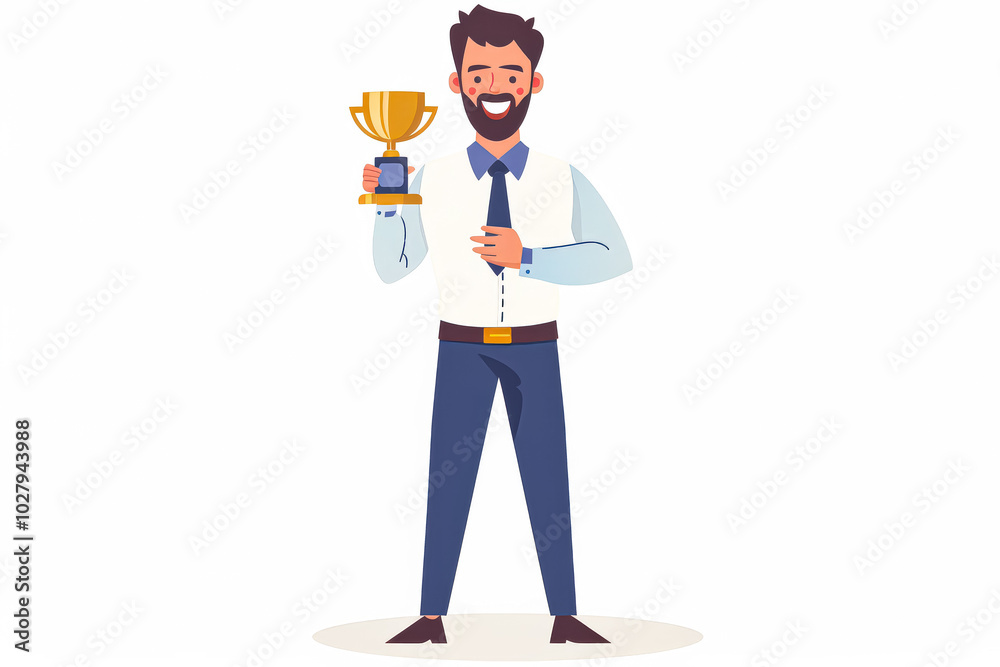 Man is holding a trophy and smiling. He is wearing a white shirt and blue pants. The trophy is gold and has a design on it. The man is proud of his achievement Man is holding a trophy and smiling. He is wearing a white shirt and blue pants. The trophy is gold and has a design on it. The man is proud of his achievement
