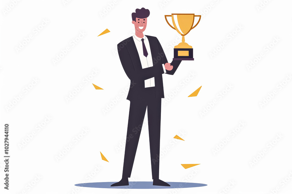 Man is holding a trophy and smiling. He is wearing a white shirt and blue pants. The trophy is gold and has a design on it. The man is proud of his achievement Man is holding a trophy and smiling. He is wearing a white shirt and blue pants. The trophy is gold and has a design on it. The man is proud of his achievement