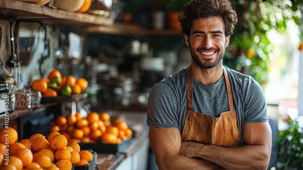 Young man in apron smiling vibrant orange orchard market during daylight surrounded by fresh produce Young man in apron smiling vibrant orange orchard market during daylight surrounded by fresh produce