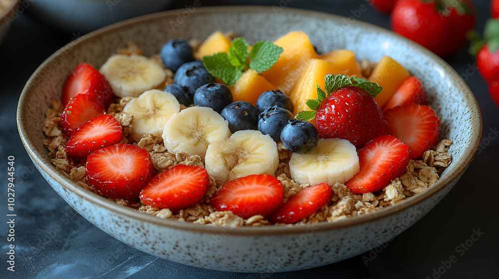 Fresh fruit bowl with strawberries, bananas, and blueberries served with granola on a dark kitchen countertop Fresh fruit bowl with strawberries, bananas, and blueberries served with granola on a dark kitchen countertop
