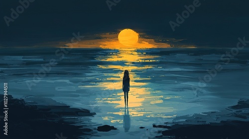  A portrait of a person standing in the ocean at night under a full moon