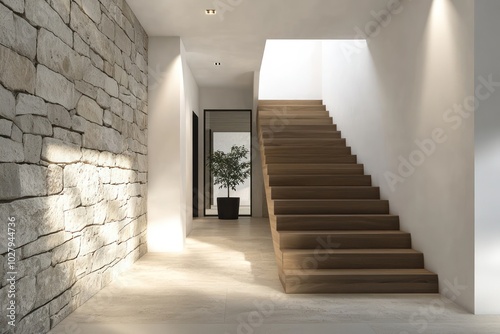 architectural shot of a modern entrance hall with a wooden staircase, white walls, and a stone wall on the left, in full detail