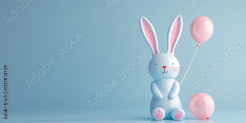 A cute rabbit balloon toy sits happily with two pastel pink balloons in a playful setting. This charming decoration would enhance any joyful celebration or event