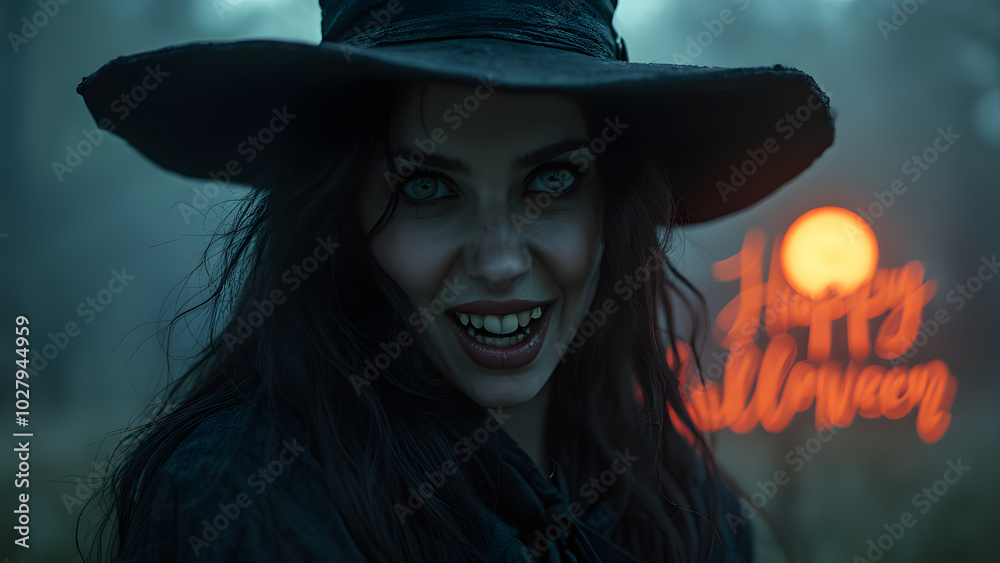 Halloween holiday, witch looking straight into eyes, dark gloomy background, great image to use as poster, background, phone wallpaper and more Halloween holiday, witch looking straight into eyes, dark gloomy background, great image to use as poster, background, phone wallpaper and more