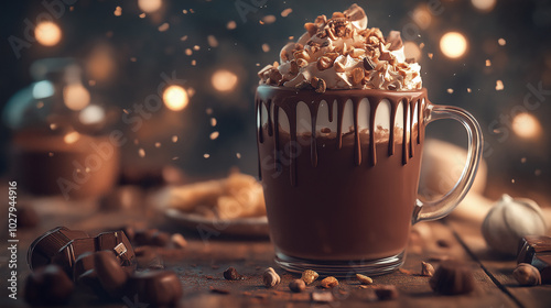 A mug of hot chocolate with whipped cream on top. The whipped cream is drizzled down the side of the mug. The image has a cozy and comforting mood, perfect for a cold winter day photo