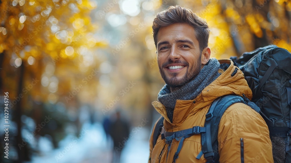 A young man enjoys a bright autumn day while hiking through a colorful forest with vibrant fall foliage A young man enjoys a bright autumn day while hiking through a colorful forest with vibrant fall foliage