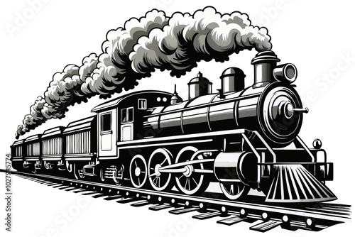 vintage steam locomotive with passenger cars, Railway locomotive, wagons silhouette with passengers (3) - Classic Steam Train Illustrations for Vintage Transport Enthusiasts
