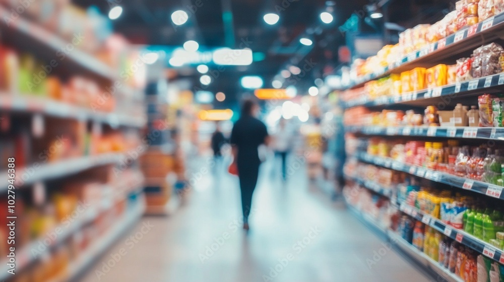 Blurred silhouette of shopper in brightly lit supermarket aisle, surrounded by colorful product displays and shelves, creating a dreamy, ethereal atmosphere. Blurred silhouette of shopper in brightly lit supermarket aisle, surrounded by colorful product displays and shelves, creating a dreamy, ethereal atmosphere.