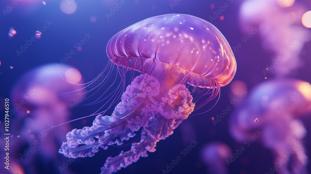 A purple jellyfish is floating in the water A purple jellyfish is floating in the water