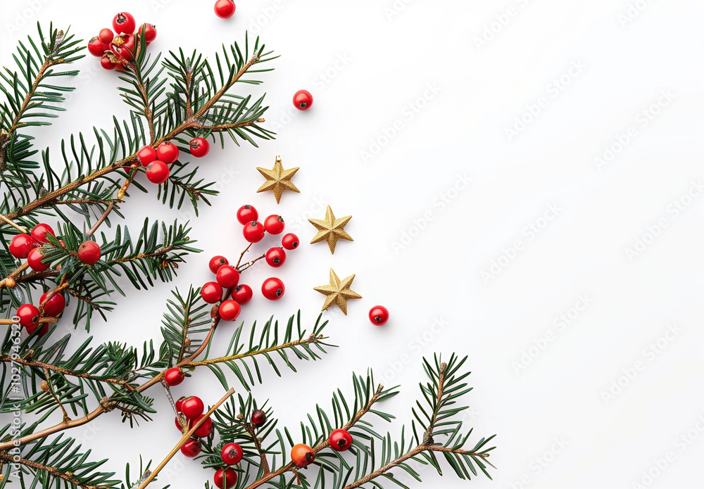 Festive Fir Tree Branches Decorated With Red Berries and Golden Stars, copy space Festive Fir Tree Branches Decorated With Red Berries and Golden Stars, copy space