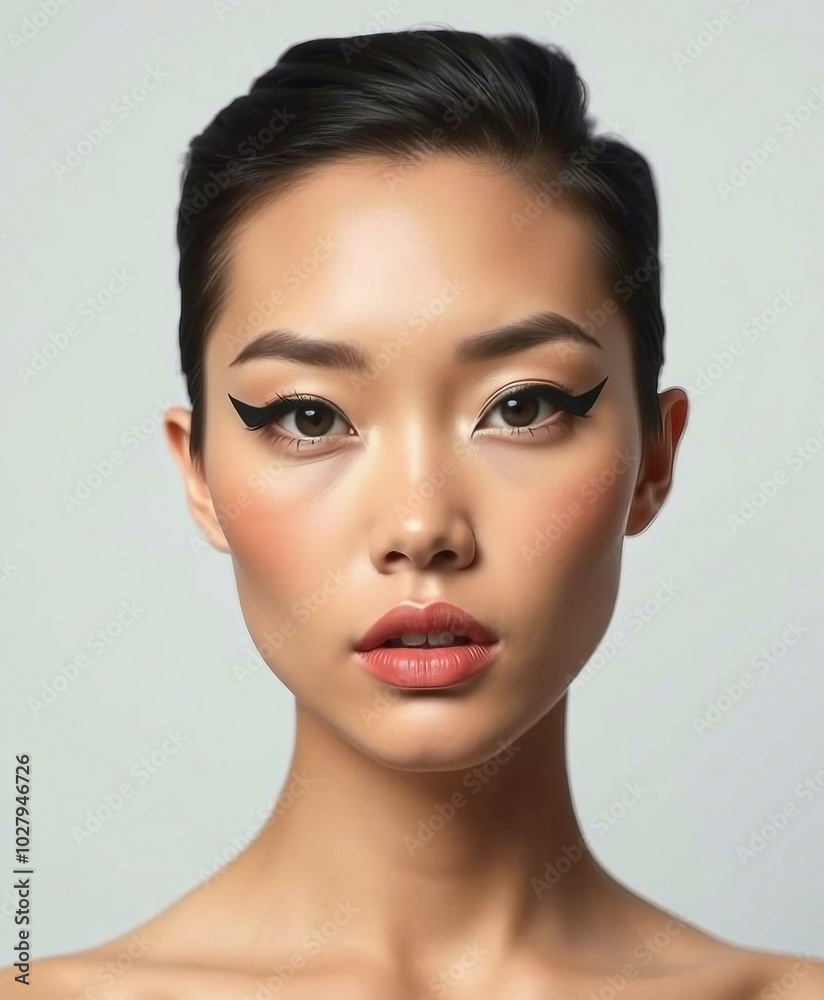 Close-up portrait of a woman with striking eyeliner and natural makeup. Her short dark hair adds to the modern and confident look against a plain background.

