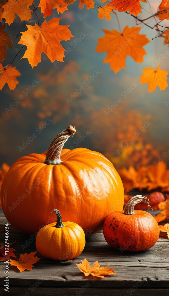 Kürbisse liegen auf einem Boden, umgeben von fallenden orangefarbenen Herbstblättern vor einem unscharfen Hintergrund in Braun- und Beigetönen. Platz für Text. 9:16 Hochformat Generative KI Kürbisse liegen auf einem Boden, umgeben von fallenden orangefarbenen Herbstblättern vor einem unscharfen Hintergrund in Braun- und Beigetönen. Platz für Text. 9:16 Hochformat Generative KI