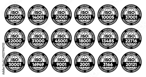 Iso certified standarts collection. International Organization for Standardization stamp. Vector illustration.