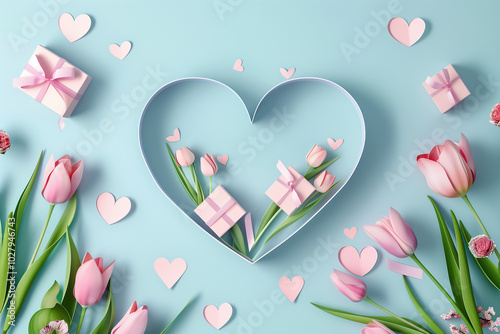 Romantic Heart and Tulips with Gift Boxes on Blue Background photo