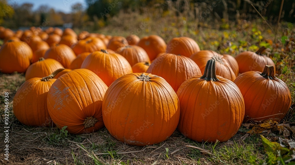 Vibrant orange pumpkins clustered in a rustic field, ready for harvest. Autumn's bounty on display, these plump gourds await their festive fate in the crisp fall air.