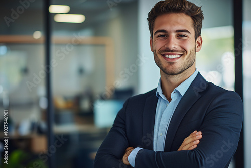 Confident Businessman in Suit Smiling in Office