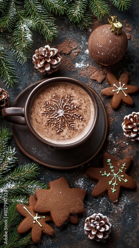 Festive hot cocoa adorned with a delicate snowflake design, surrounded by gingerbread cookies, pine cones, and evergreen branches on a rustic surface.