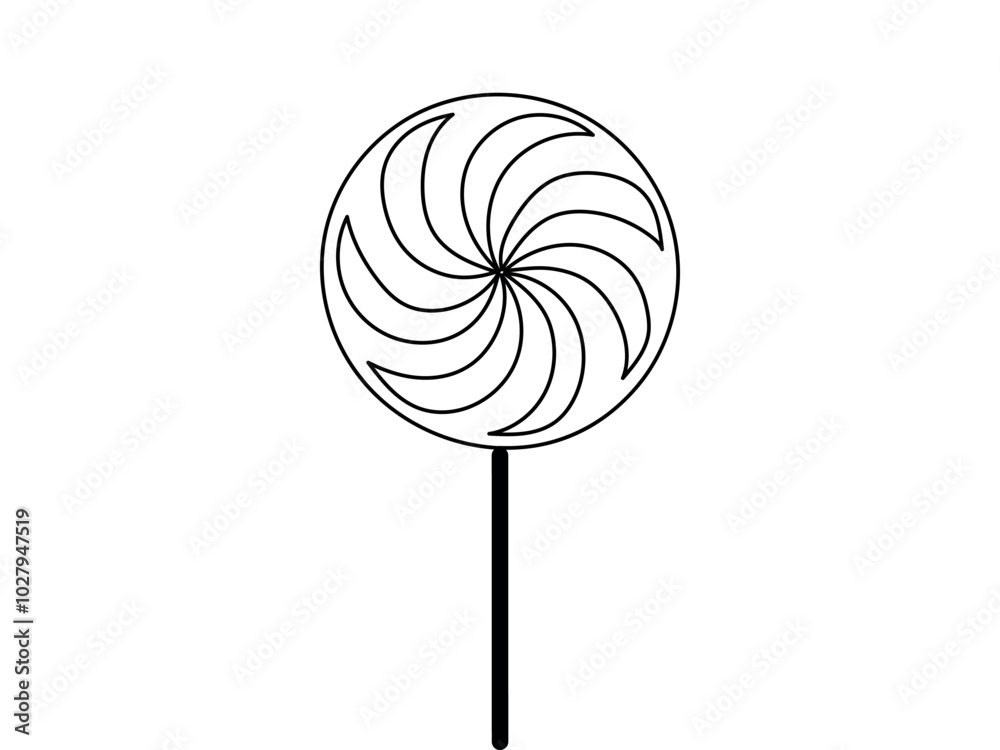 Black outline of a spiral lollipop candy on a white background. Concept of sweet treat, confectionery, simple illustration, minimalist style. Icon, design element, candy shop decor, coloring page Black outline of a spiral lollipop candy on a white background. Concept of sweet treat, confectionery, simple illustration, minimalist style. Icon, design element, candy shop decor, coloring page