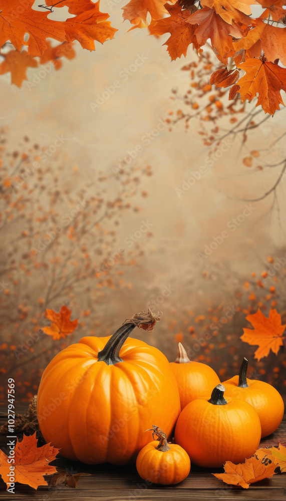 Kürbisse liegen auf einem Boden, umgeben von fallenden orangefarbenen Herbstblättern vor einem unscharfen Hintergrund in Braun- und Beigetönen. Platz für Text. 9:16 Hochformat Generative KI Kürbisse liegen auf einem Boden, umgeben von fallenden orangefarbenen Herbstblättern vor einem unscharfen Hintergrund in Braun- und Beigetönen. Platz für Text. 9:16 Hochformat Generative KI