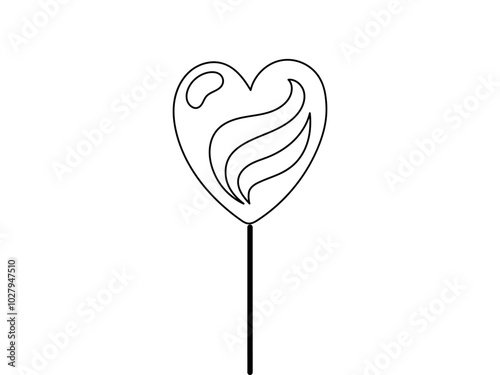 Black outline of a heart-shaped lollipop illustration isolated on a white background. Concept of candy design, sweet treat, simple line art. Perfect for prints, icons, and design elements