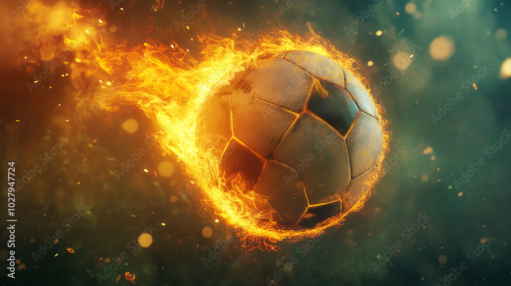 Fototapeta premium A soccer ball is surrounded by fire and smoke. The ball is the main focus of the image, and the fire and smoke create a dramatic and intense atmosphere. The combination of the soccer ball