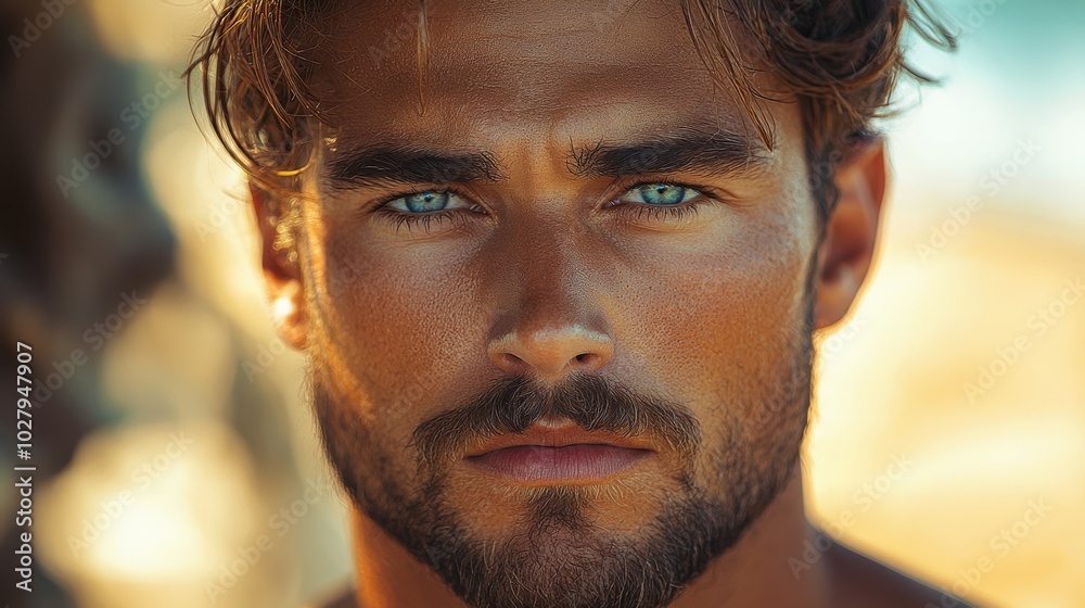 A close-up of a young man with striking blue eyes and sun-kissed skin, captured in a natural outdoor setting during golden hour A close-up of a young man with striking blue eyes and sun-kissed skin, captured in a natural outdoor setting during golden hour