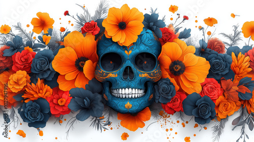 A Multi-Colored Halloween Skull Adorned with Vibrant Floral Patterns, White Background