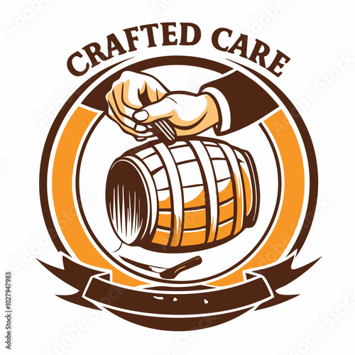 Whiskey barrel with hand and Crafted Care text