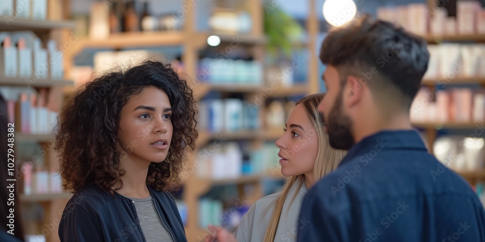 A diverse group of consultants engages in a discussion about product features with a young woman in a bustling cosmetics shop surrounded by shelves of beauty products A diverse group of consultants engages in a discussion about product features with a young woman in a bustling cosmetics shop surrounded by shelves of beauty products