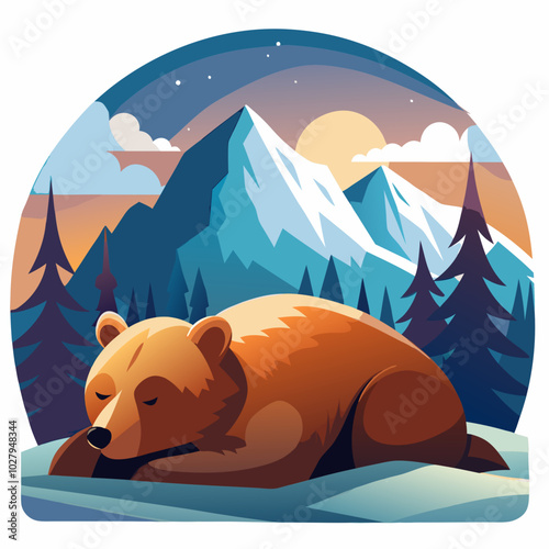 Sleeping bear in peaceful pose against a mountainous sunset background 