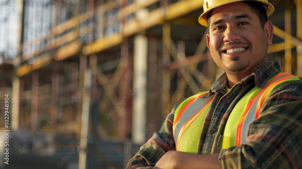 A Hispanic male construction worker in his 30s wearing a yellow hard hat and reflective vest stands on a bustling construction site smiling confidently while cranes tower overhead A Hispanic male construction worker in his 30s wearing a yellow hard hat and reflective vest stands on a bustling construction site smiling confidently while cranes tower overhead