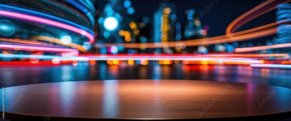 Urban night scene with colorful blurred lights and an empty wooden table, ideal for presentation or showcasing products creatively in a vibrant atmosphere. Urban night scene with colorful blurred lights and an empty wooden table, ideal for presentation or showcasing products creatively in a vibrant atmosphere.