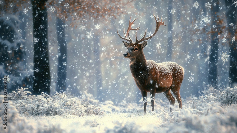 A deer in a snow-covered forest with snowflakes on its back and antlers A deer in a snow-covered forest with snowflakes on its back and antlers