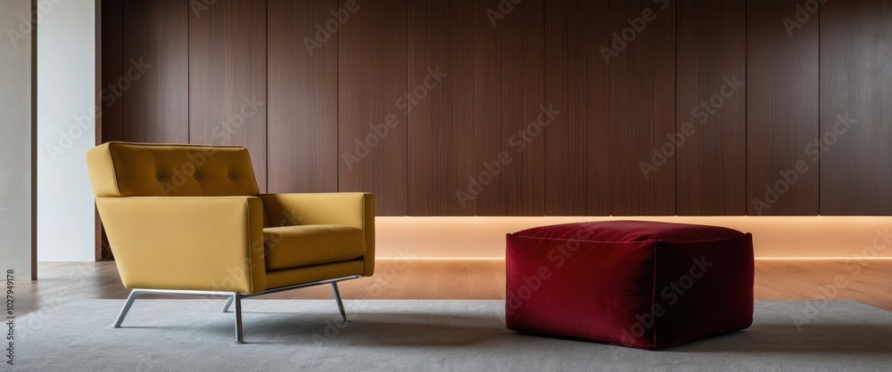 Modern interior featuring a yellow chair and red ottoman, combining elegance and comfort in a stylish living space. Modern interior featuring a yellow chair and red ottoman, combining elegance and comfort in a stylish living space.