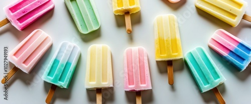 Colorful assortment of popsicles in different flavors arranged aesthetically on a table. Perfect for summer parties or fun outdoor activities.