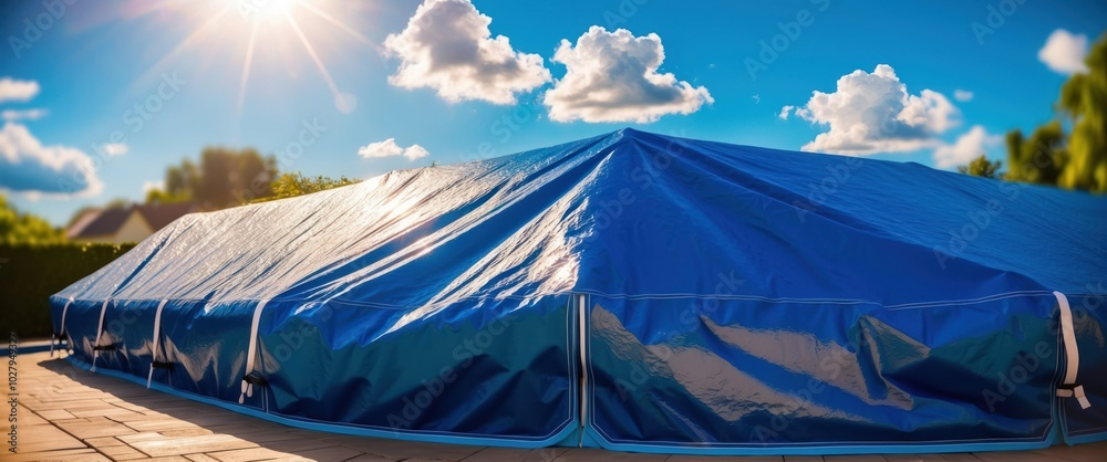 Bright blue pool cover under sunny sky, ideal for promoting outdoor relaxation and summer safety. Perfect for recreational and home settings. Bright blue pool cover under sunny sky, ideal for promoting outdoor relaxation and summer safety. Perfect for recreational and home settings.