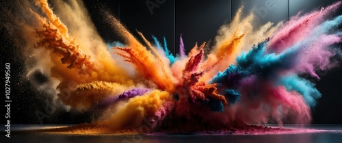 Vibrant explosion of colored powder creating a dynamic, artistic effect, ideal for concepts related to creativity, festivals, or celebrations. photo