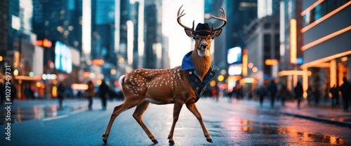 A deer in a stylish coat walks through a bustling cityscape, blending nature and urban life in a surreal, playful manner that captures attention.