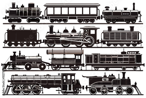 vintage steam locomotive with passenger cars, Railway locomotive, wagons silhouette with passengers (4) - Classic Vintage Steam Locomotive Illustrations for Railway Enthusiasts and Decor