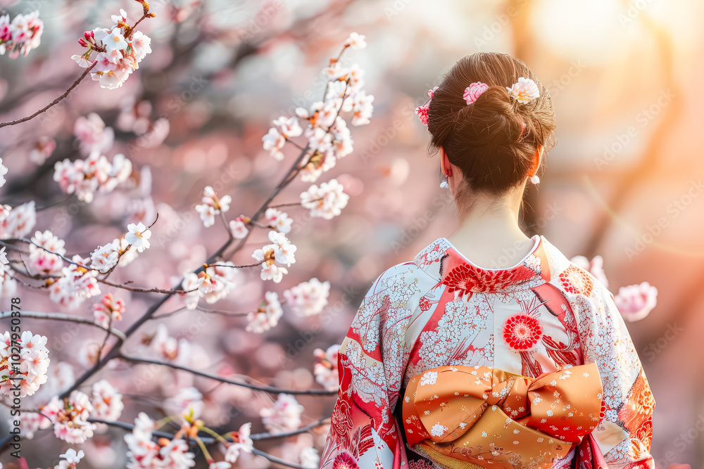 Woman wearing a kimono stands in front of a tree full of pink flowers. Concept of serenity and beauty, as the woman is enjoying the peaceful surroundings Woman wearing a kimono stands in front of a tree full of pink flowers. Concept of serenity and beauty, as the woman is enjoying the peaceful surroundings