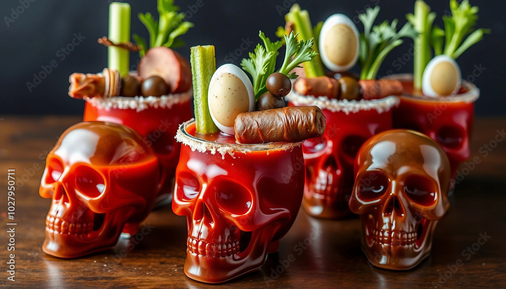 Fototapeta premium Eerie Halloween cocktails served in skull-shaped glasses with decorative garnishes, perfect for spooky themes and festive celebrations.