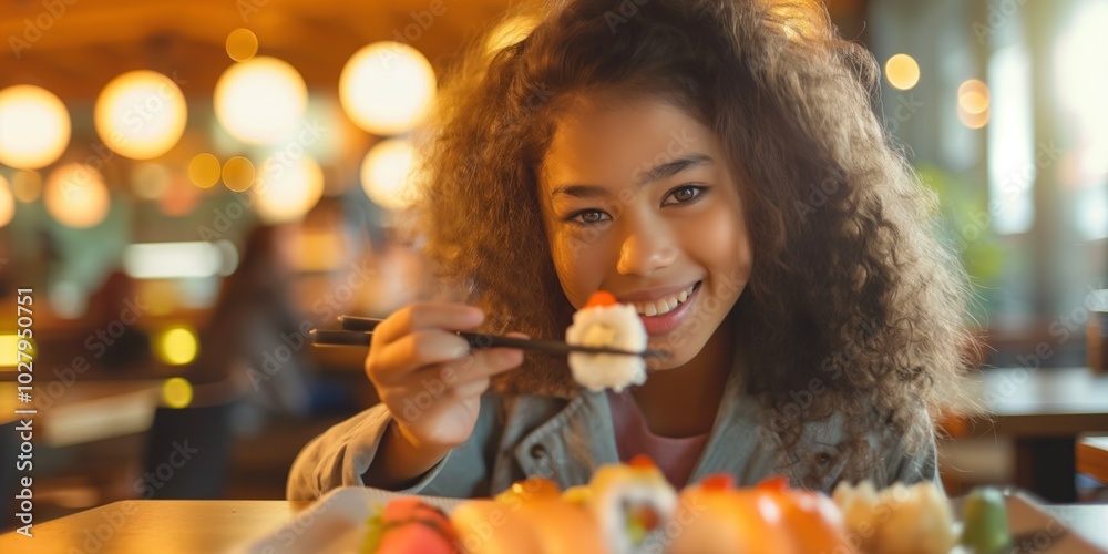 A mixed-race teenage girl is joyfully eating sushi with chopsticks in a stylish Japanese restaurant. The ambiance features modern decor and soft indoor lighting creating a warm atmosphere A mixed-race teenage girl is joyfully eating sushi with chopsticks in a stylish Japanese restaurant. The ambiance features modern decor and soft indoor lighting creating a warm atmosphere