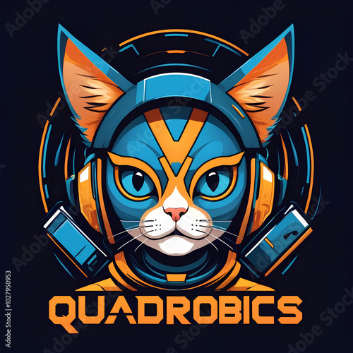Qvadrobics techno cat in headphones, with music elements, blue, orange colors. Illustration animal for sticker, t-shirt, flyer, banner, poster, avatar.  photo