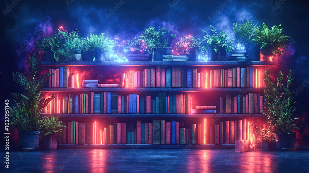 Neon glowing bookshelf surrounded by plants, with brightly illuminated books, creating a futuristic and artistic vibe Neon glowing bookshelf surrounded by plants, with brightly illuminated books, creating a futuristic and artistic vibe