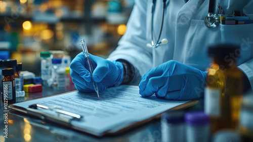 Doctor in gloves writing a prescription on a clipboard in a well-lit lab, surrounded by colorful medication bottles, illustrating medical professionalism