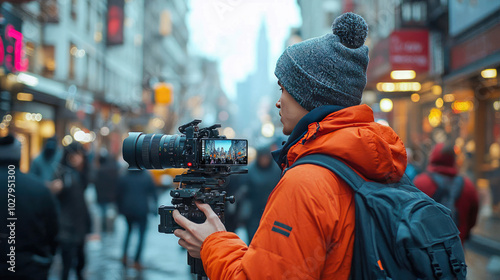 Cinematic portrait of a videographer filming in low light with a professional camera, intense focus on the scene, surrounded by colorful bokeh lights in the background