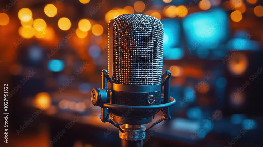 A professional studio microphone in close-up against blurred lights. The microphone is on a stand in warm lighting, perfect for audio recording A professional studio microphone in close-up against blurred lights. The microphone is on a stand in warm lighting, perfect for audio recording